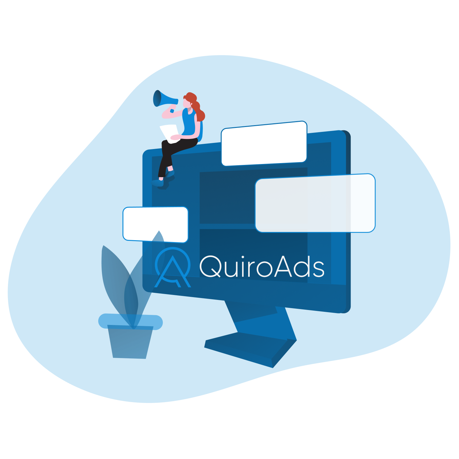 Illustration of a woman sitting on a large computer monitor with speech bubbles and a potted plant, featuring the QuiroAds logo.