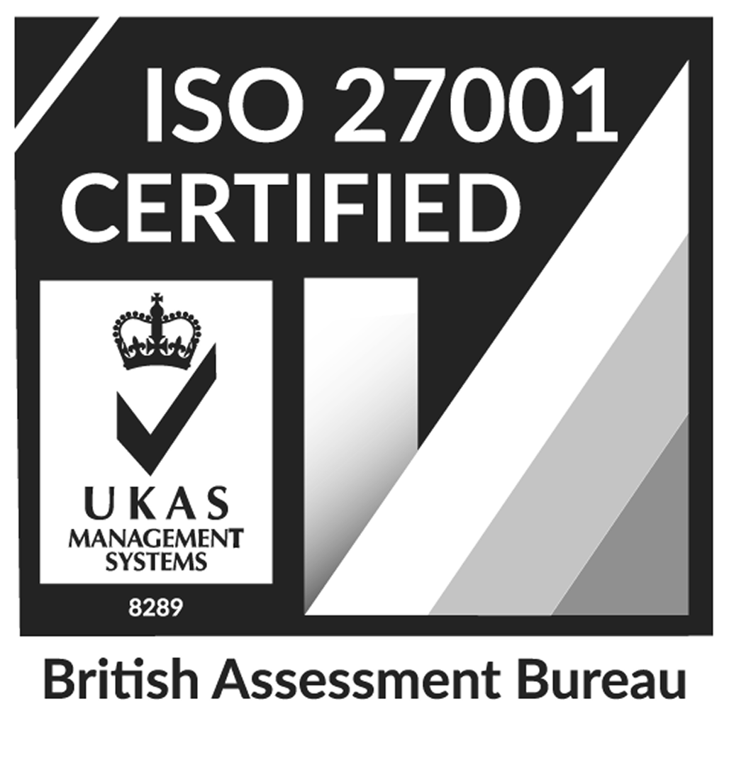 ISO 27001 certified logo with UKAS Management Systems crown and check mark, and British Assessment Bureau text.
