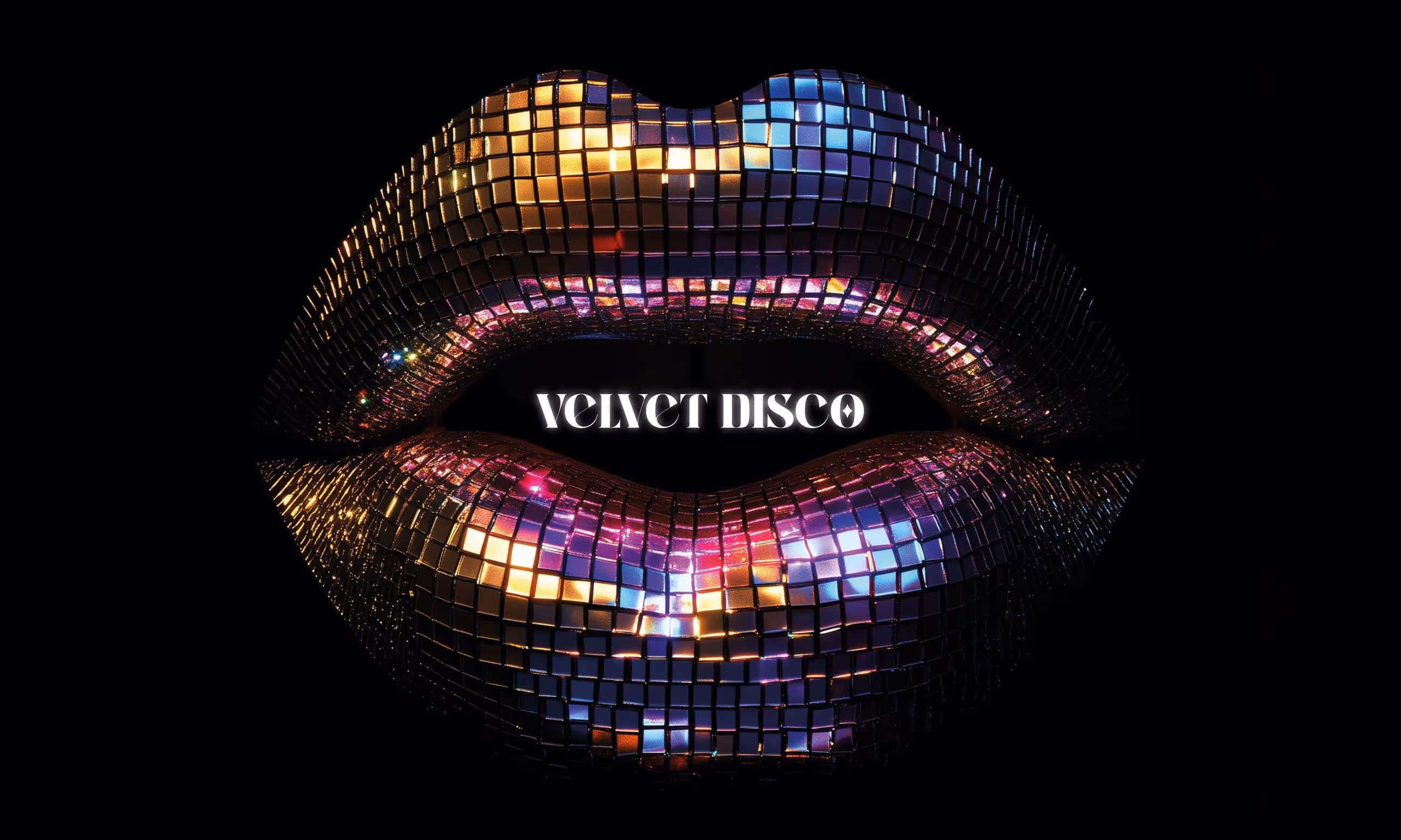 Shiny mosaic lips reflecting colorful disco lights with 'VELVET DISCO' text inside the open mouth on black background.