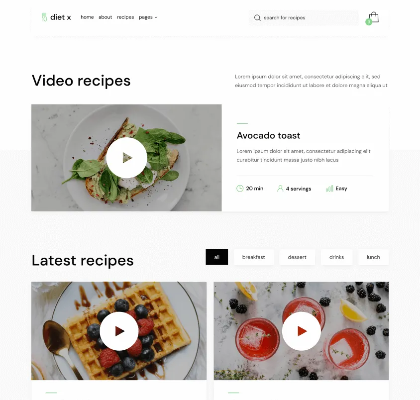 Videos Recipes - Diet X Webflow Template