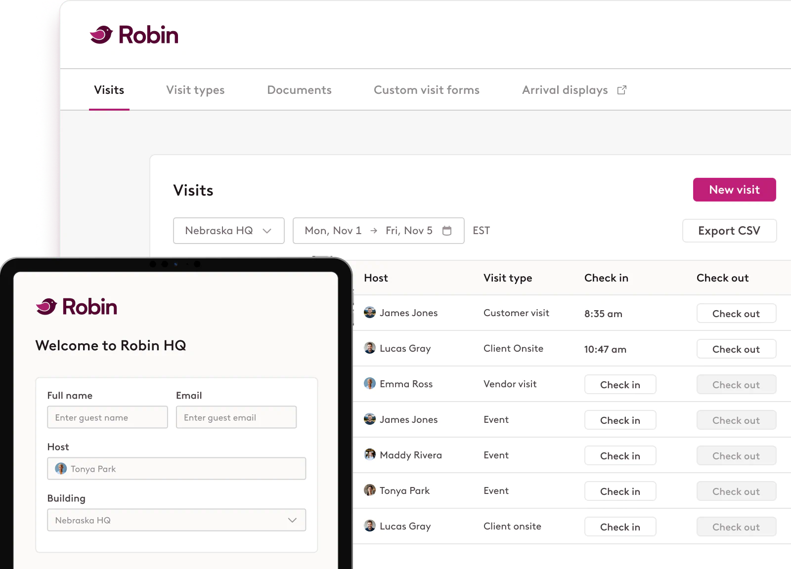 Visitor Tab UI in Robin and an Arrival Display