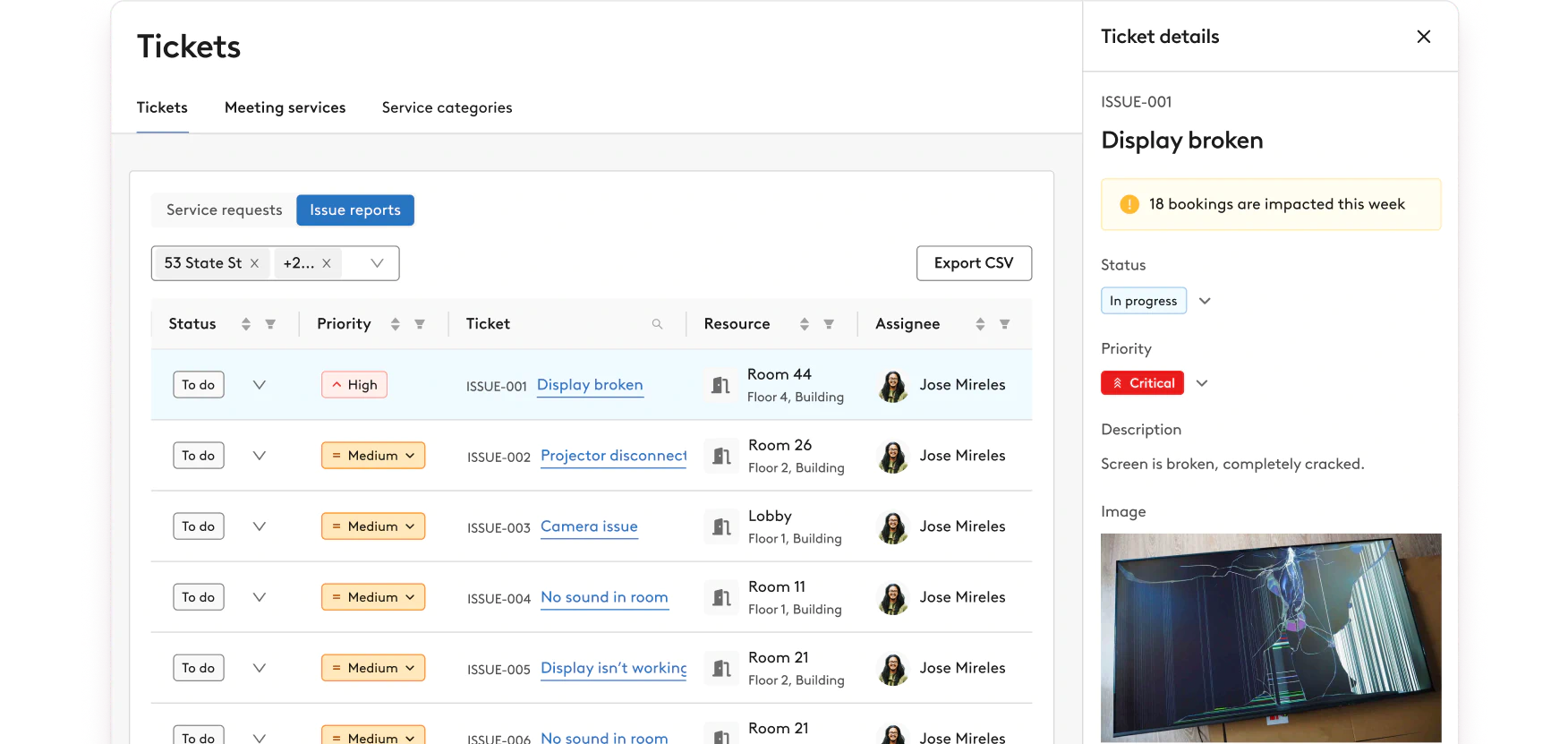 Robin's ticket management UI containing a list of prioritized issues, and an issue in a sidebar showing a broken display