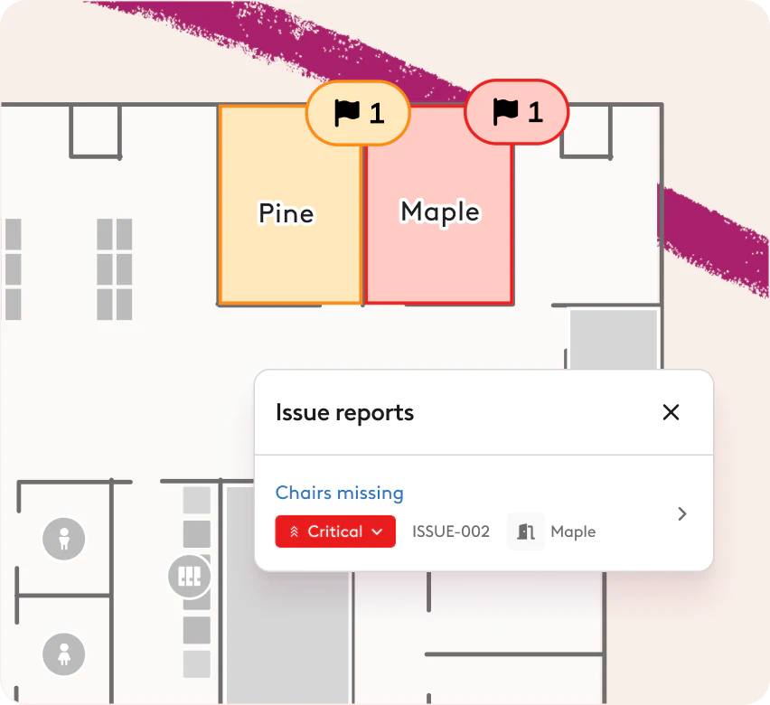 Robin's live office floor map, showing rooms that have open issues