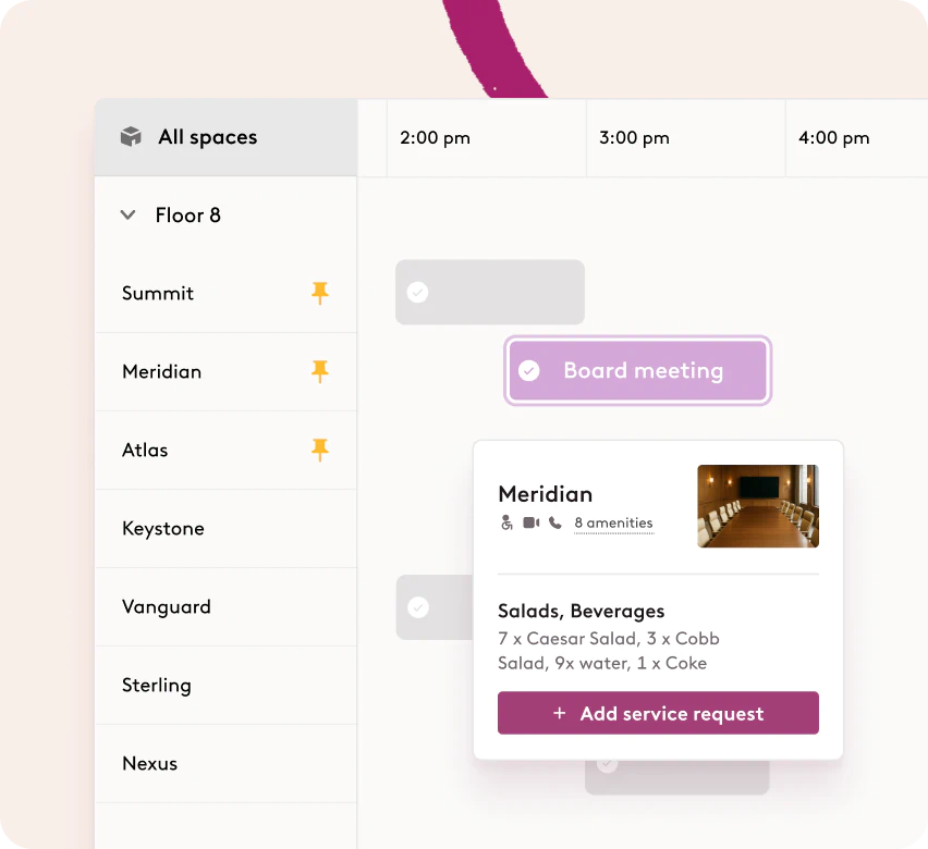 Robin's spaces calendar, with a meeting selected and a service request being placed for it
