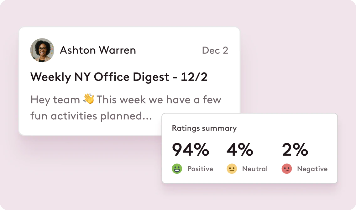 Robin UI modules of an employee event notification and a summary of employee workplace satisfaction