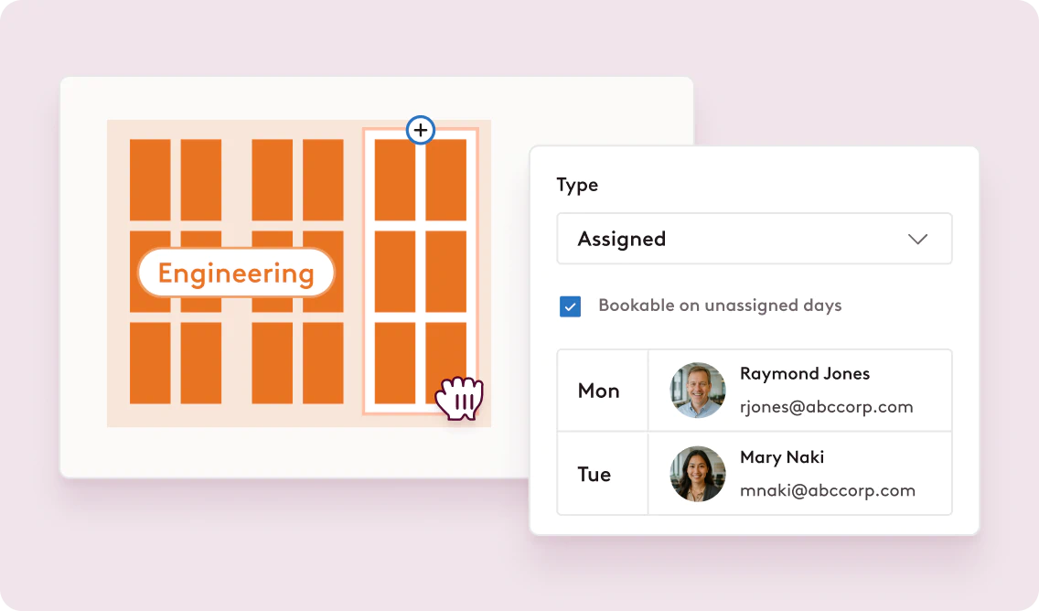 A new desk pod being added to the floor in Robin's space management UI, with seat assignments