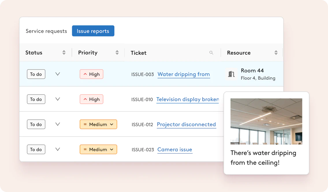 Robin workplace tickets list with an example photo attached to an issue