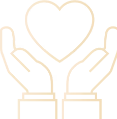 Two outlined hands cupping a heart shape in light brown on a white background.