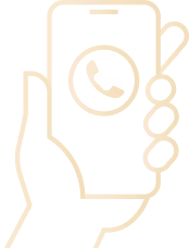Hand holding a smartphone showing a phone call icon on screen in gold outline style.