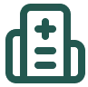 Green hospital building icon with a cross sign in the center.