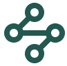 Green abstract icon with interconnected circular nodes and lines forming a shape.