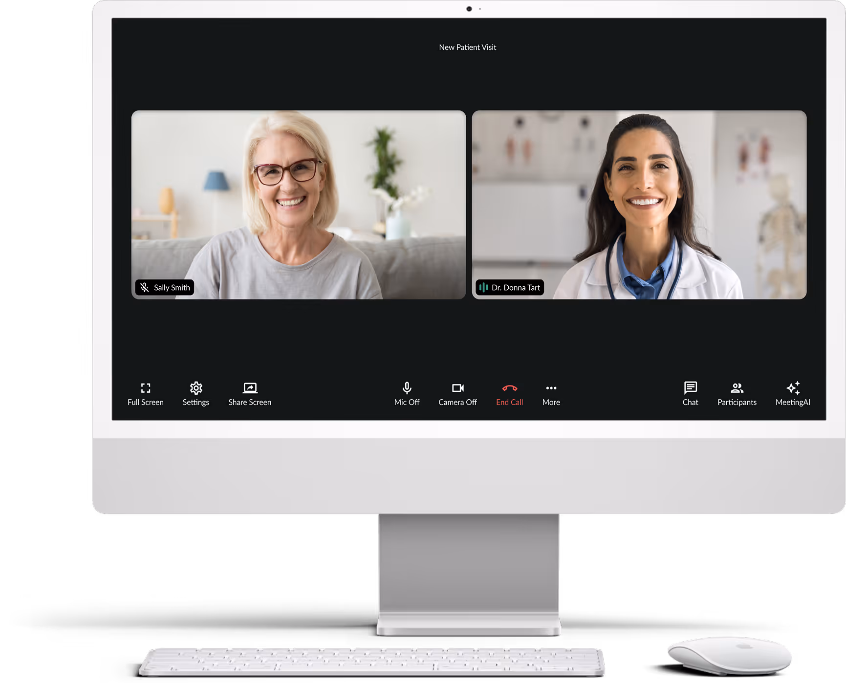 Video call on a computer shows a smiling patient and doctor during a new patient visit.