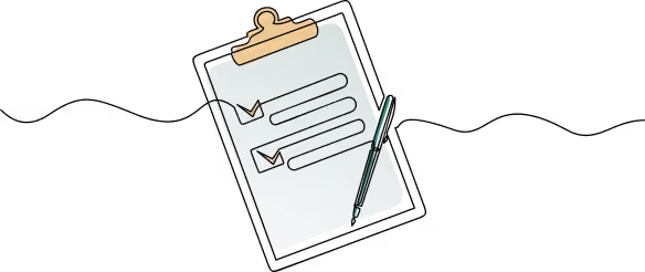 Clipboard with checklist showing two checked boxes and a pen resting on the side.