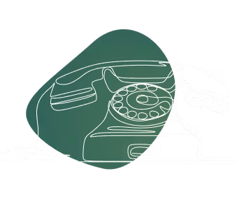 White line art of a vintage rotary phone on a dark green abstract background.
