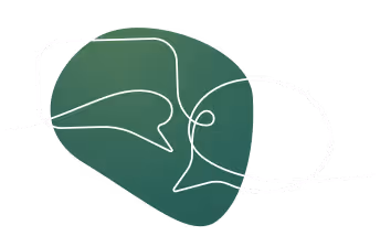 Abstract line art of two overlapping speech bubbles on a dark green organic shape background.