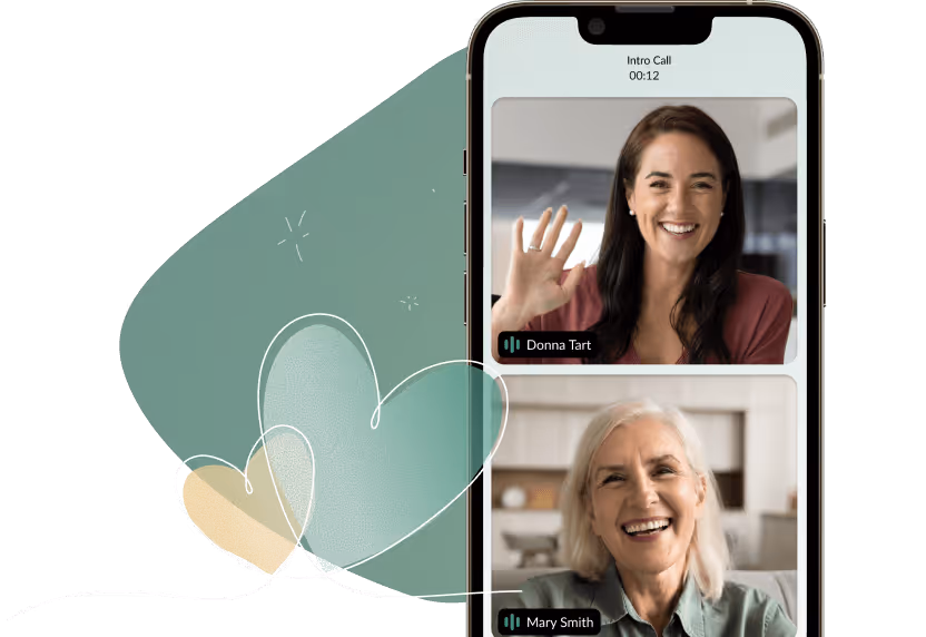 Smartphone showing a video call with two smiling women, one waving and named Donna Tart, the other Mary Smith.