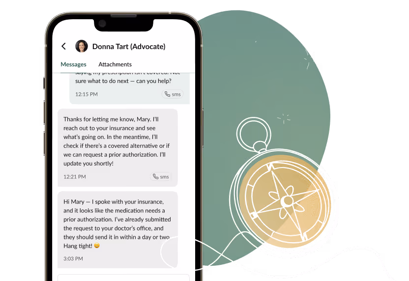 Smartphone screen shows a text conversation about insurance and medication prior authorization with Donna Tart.