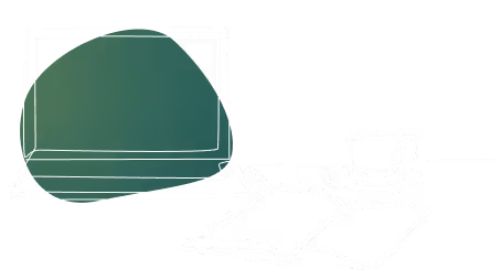 Minimalist sketch of a laptop, open book, and a cup on a table with a green circle in the background.