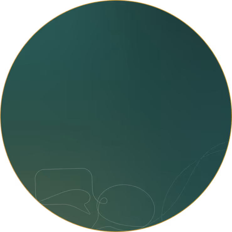 Dark green circle with thin, light abstract line art shapes near the bottom edge.