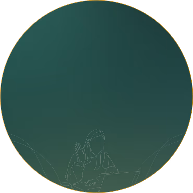 Minimal line drawing of a person waving while sitting at a laptop inside a green circle.