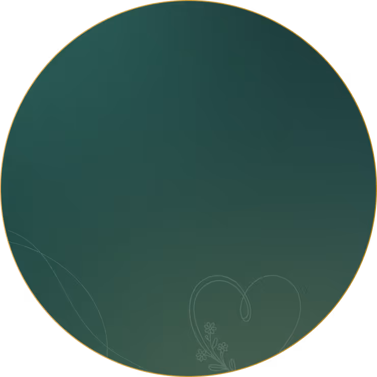 Green circular background with faint line art of flowers and a heart shape at the bottom.
