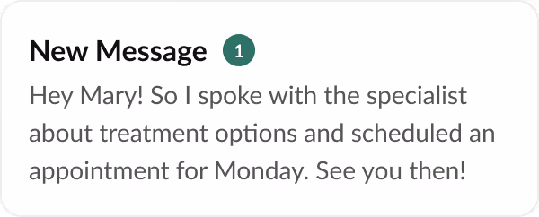 Notification of new message reading a scheduled appointment with specialist on Monday.