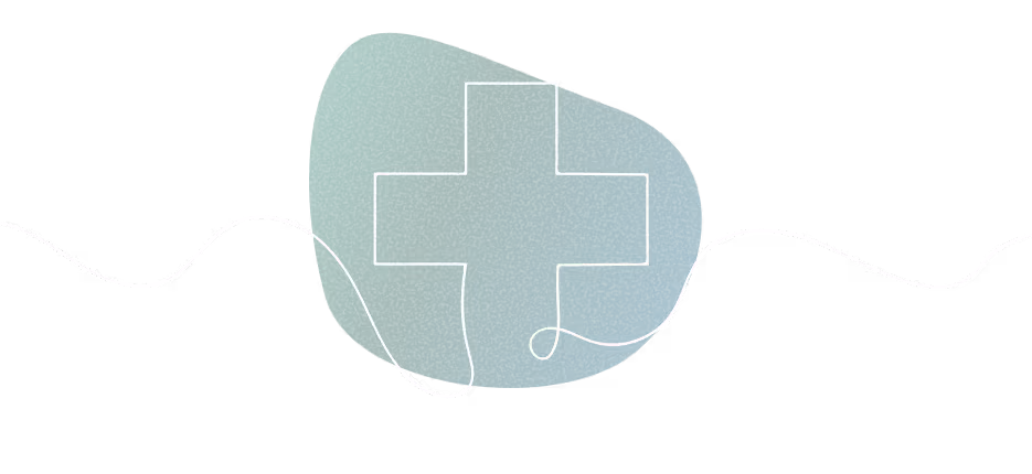 White outlined medical cross over a green-blue textured abstract shape with a white wavy line across it.