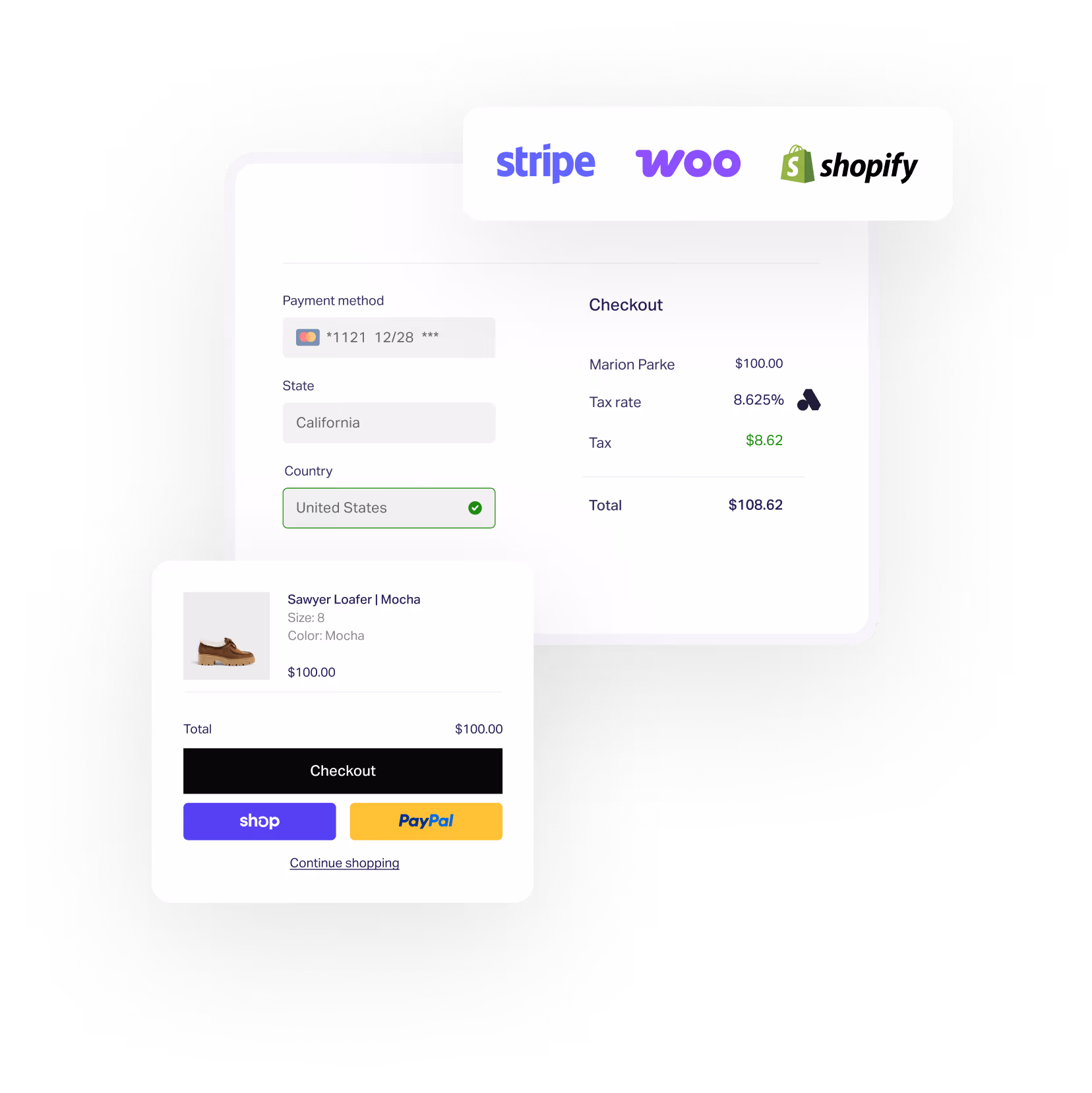 E-commerce checkout interface showing payment method, state and country selection, product summary with Sawyer Loafer Mocha shoes, and total cost including tax with Stripe, WooCommerce, and Shopify logos.