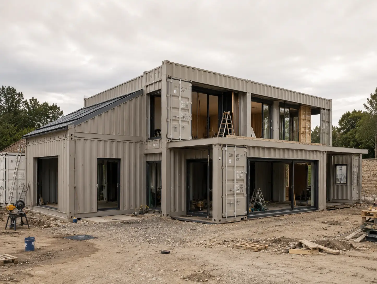 Maison contemporaine en containers en Bretagne – vue du chantier de construction