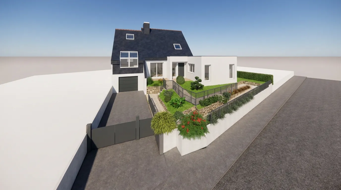 Rendu 3D de l'extension PMR et de l'entrée paysagère d'une maison à Liffré, Atelier Kreizenn