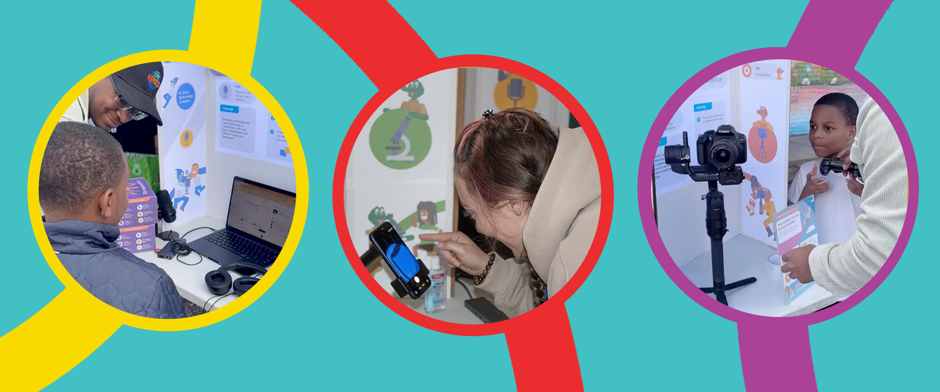 Life Heroes Pop-Up Experience participants exploring AI voice technology, microscopy, and filmmaking stations.