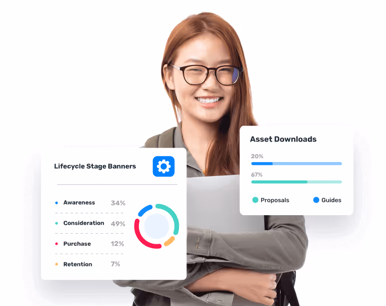 Smiling professional holding a laptop with Opensense email analytics dashboards showing lifecycle stage banners and asset download metrics
