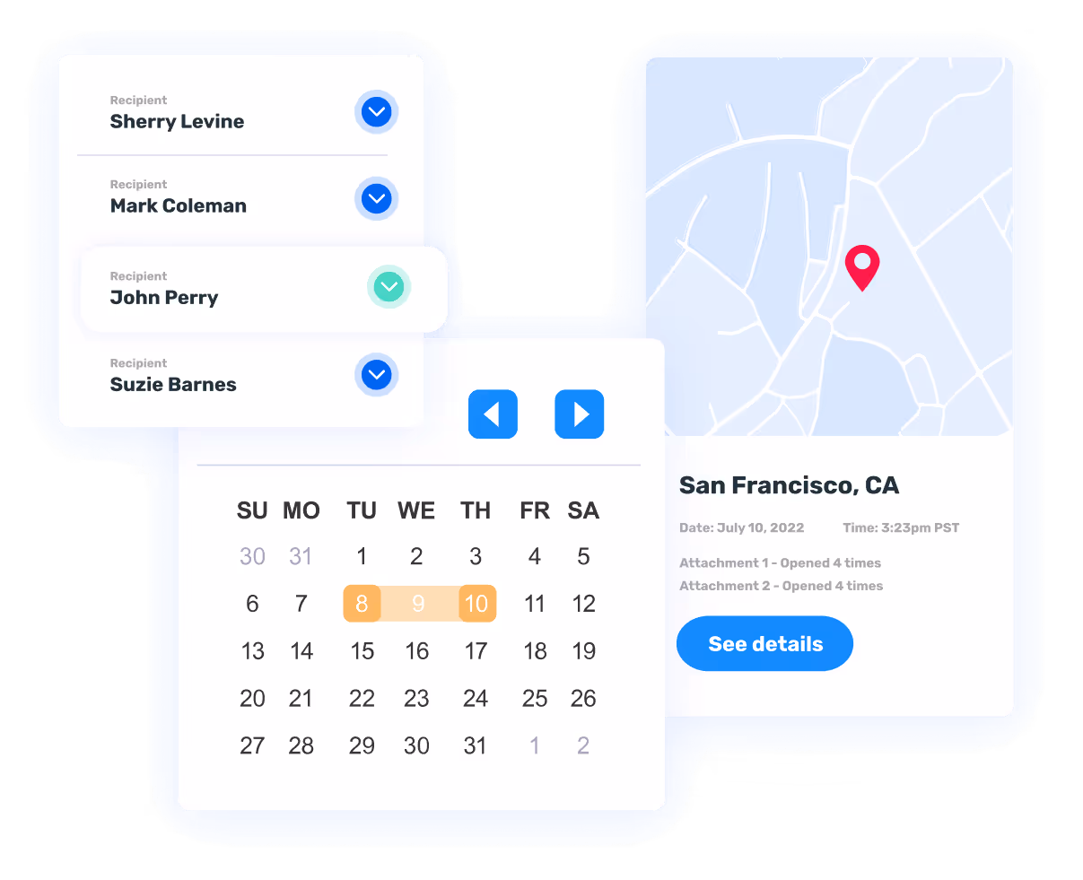 Opensense email tracking dashboard showing recipient activity, calendar scheduling, and location engagement details showing location in San Francisco