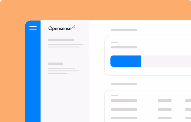 Opensense login page illustration showing user dashboard interface with navigation sidebar and analytics preview, featuring a login button for secure access.