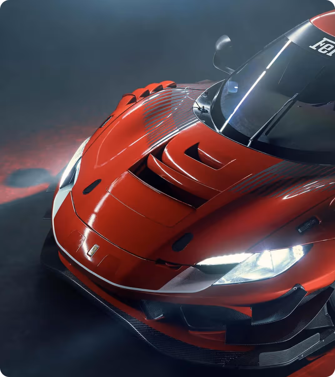 Close-up of a sleek red sports car with headlights on, showcasing aerodynamic design and racing details