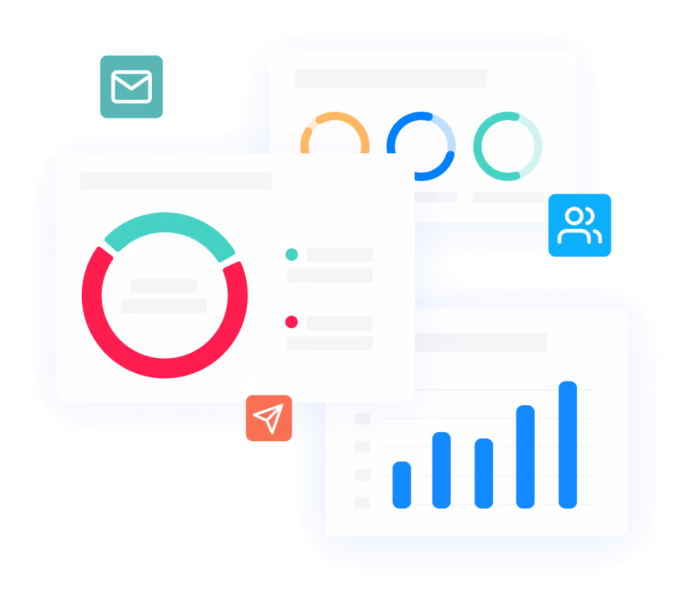 Colorful data dashboard with email, audience, and analytics icons showing charts and graphs representing marketing performance and engagement metrics.