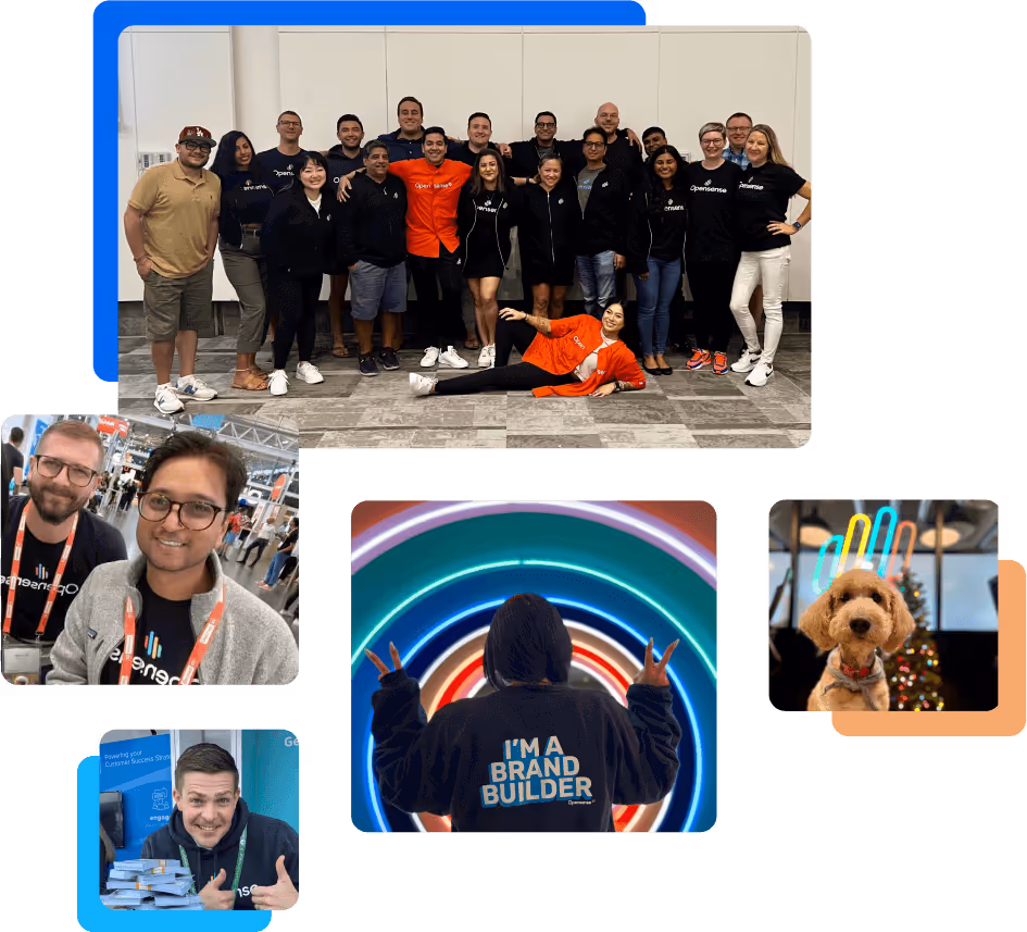 Opensense team collage featuring employees at company events, group photos, and a team member wearing an 'I’m a Brand Builder' jacket. Includes an office dog and scenes that highlight Opensense’s collaborative culture.