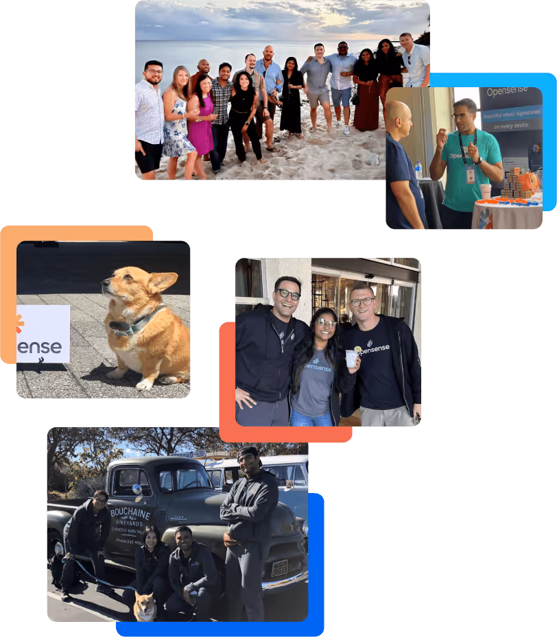 Collage of Opensense team moments including group photos at the beach, event meetups, and casual team hangouts, plus a dog pictured in two shots—showcasing Opensense’s collaborative and people-first culture.