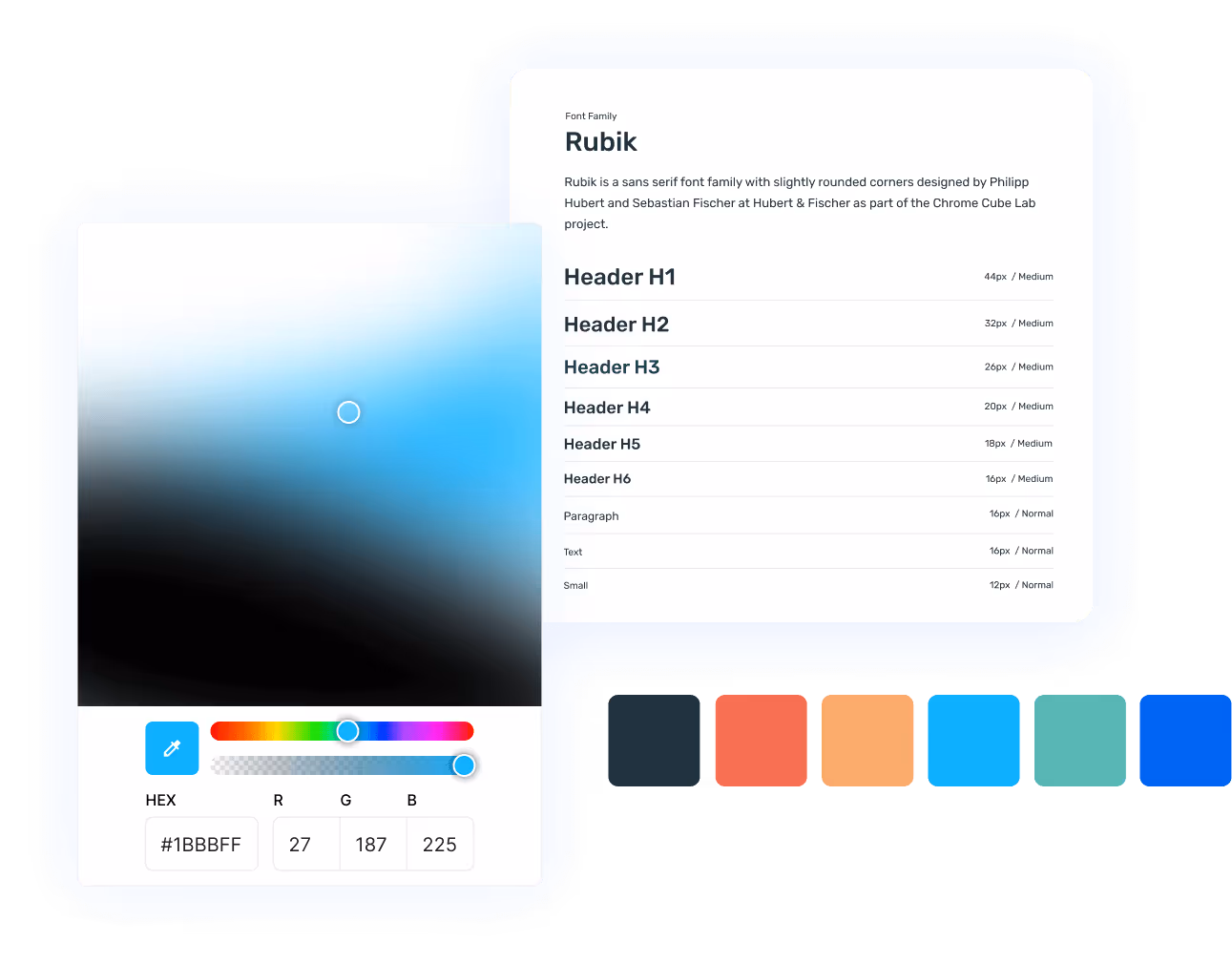 Opensense brand style guide showcasing Rubik font family with header typography styles, color palette and color picker.