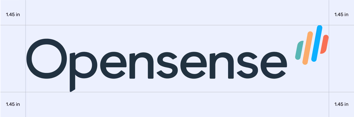 Opensense logo with spacing guidelines showing clear space of 1.45 inches around the word-mark and multicolor brand emblem.