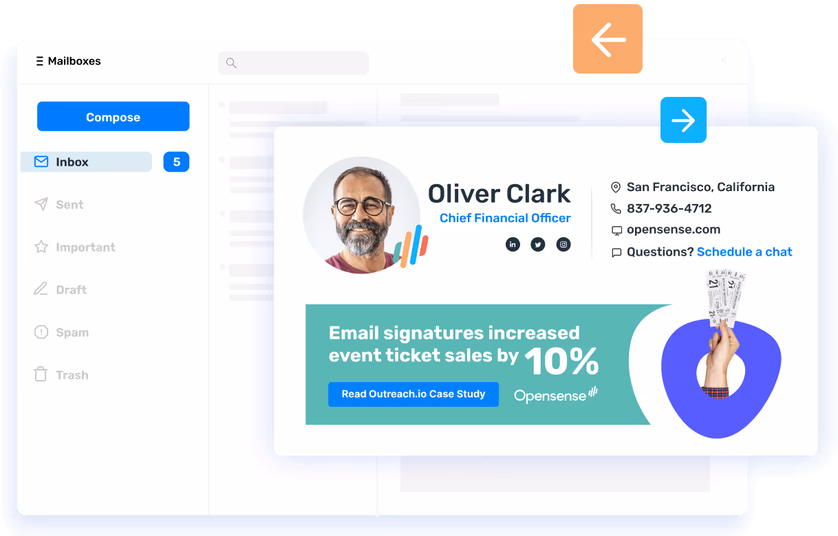 xample of an Opensense email signature for Oliver Clark with contact details and social links. Signature includes a marketing banner highlighting 'Email signatures increased event ticket sales by 10%' with a case study call-to-action button.