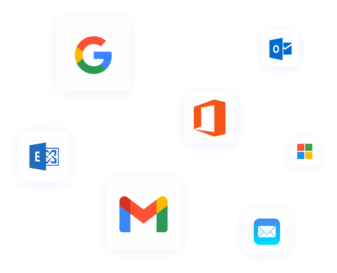 Icons for Google, Gmail, Outlook, Microsoft 365 and other email platforms, highlighting email signature software compatibility across major providers.