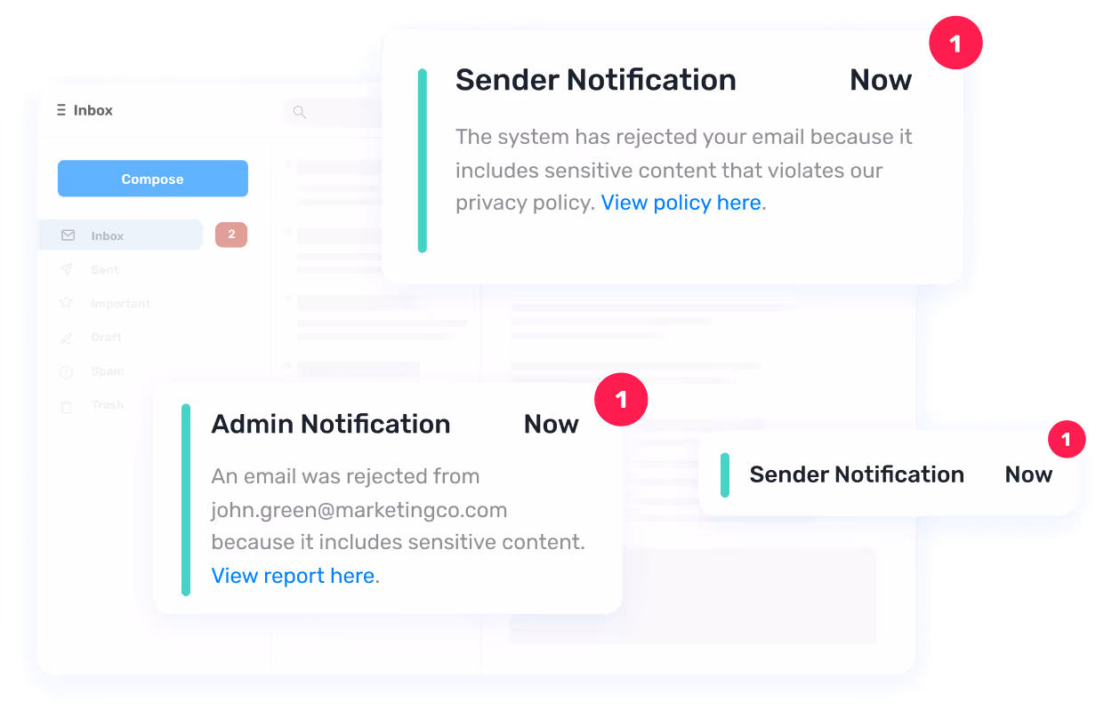 Email inbox with Opensense sender and admin notifications. Messages show an email rejected for sensitive content that violates privacy policy, with links to view policy and report.