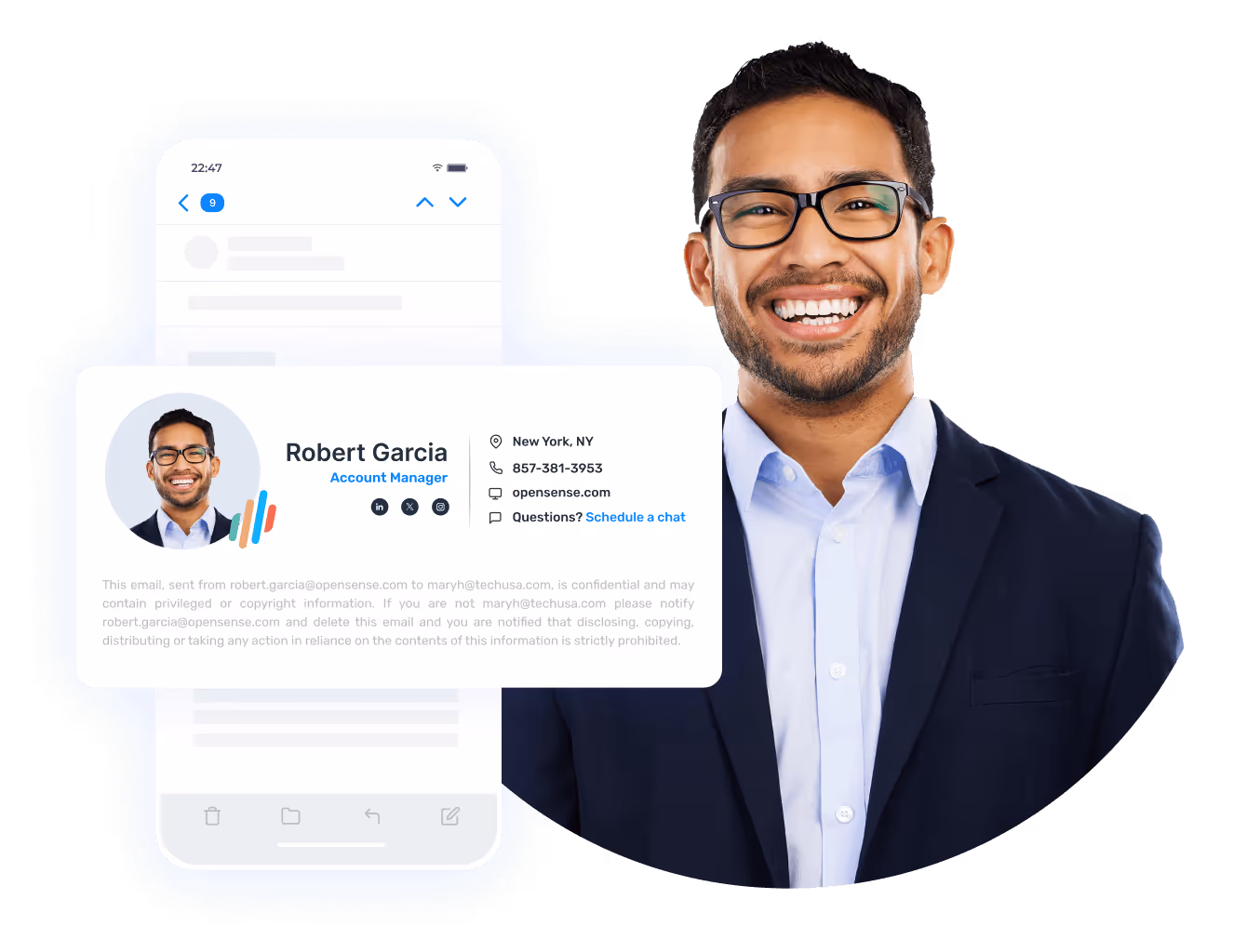 Opensense email signature on mobile—employee profile with contact info, social icons, and compliance disclaimer.