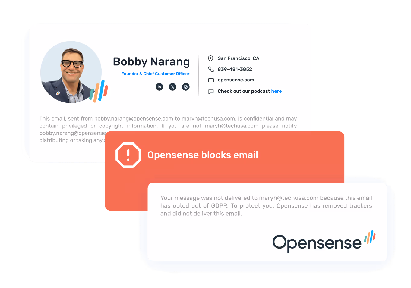 Opensense email security example showing Bobby Narang’s email signature with a red alert message: Opensense blocks email. The system blocked delivery to a recipient who opted out of GDPR, removing trackers and protecting compliance.
