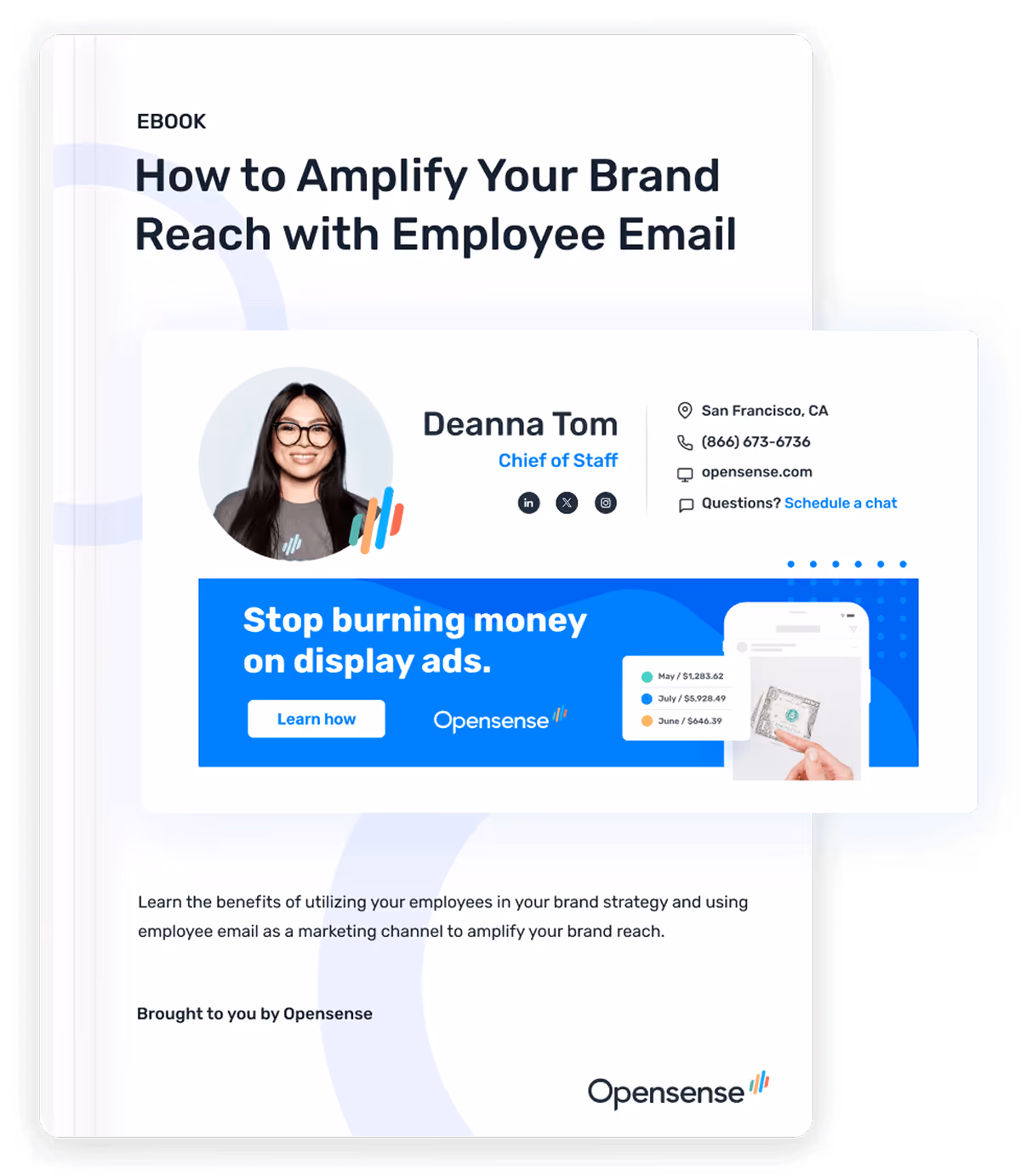 Opensense ebook titled ‘How to Amplify Your Brand Reach with Employee Email.’ Features an example professional email signature for Deanna Tom, Chief of Staff at Opensense, and a marketing banner reading ‘Stop burning money on display ads.’ The ebook promotes using employee email as a marketing channel to extend brand reach and drive measurable impact.