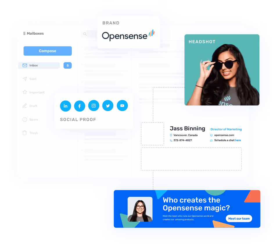 Example of Opensense-branded email signature for Jass Binning, Director of Marketing, featuring professional headshot, contact details, social icons, and a banner promoting the Opensense team with the text "Who creates the Opensense magic?"