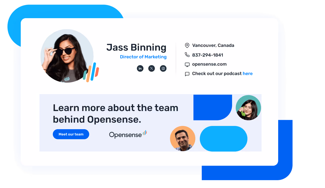 Example of an Opensense-branded email signature for Jass Binning, Director of Marketing, featuring contact info, social icons, and a promotional banner with the message 'Learn more about the team behind Opensense' and a Meet our team button.