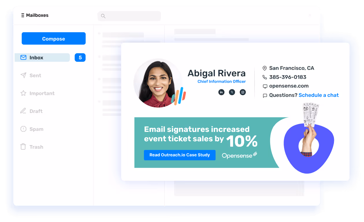 Example of Opensense-branded email signature for Abigal Rivera, Chief Information Officer, with contact info, social icons, and a banner promoting 'Email signatures increased event ticket sales by 10%' and a case study link.