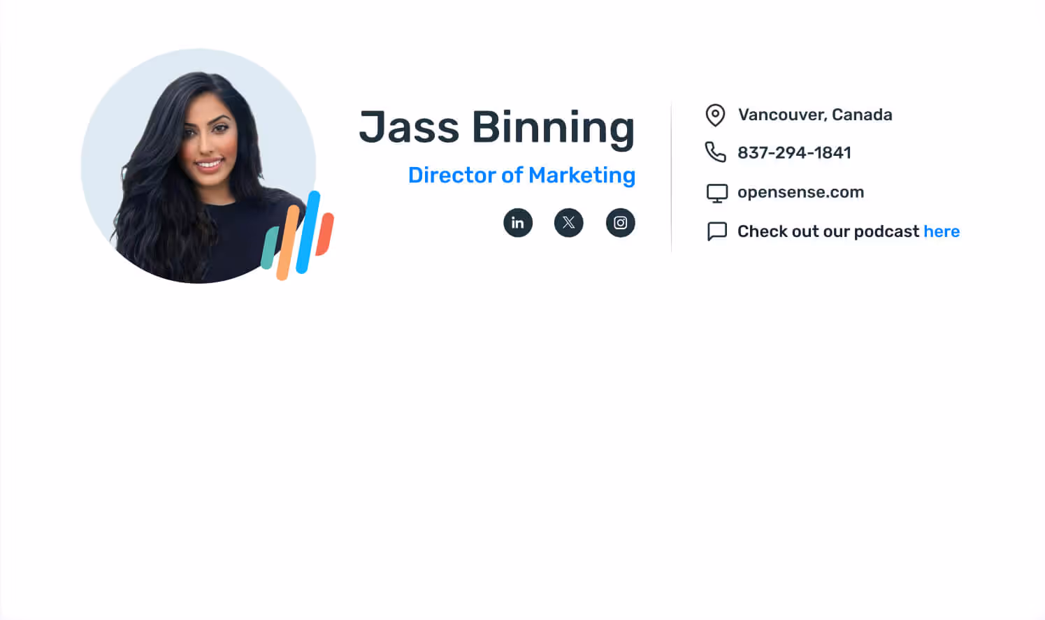 Professional email signature for Jass Binning, Director of Marketing at Opensense, featuring contact details, and social links